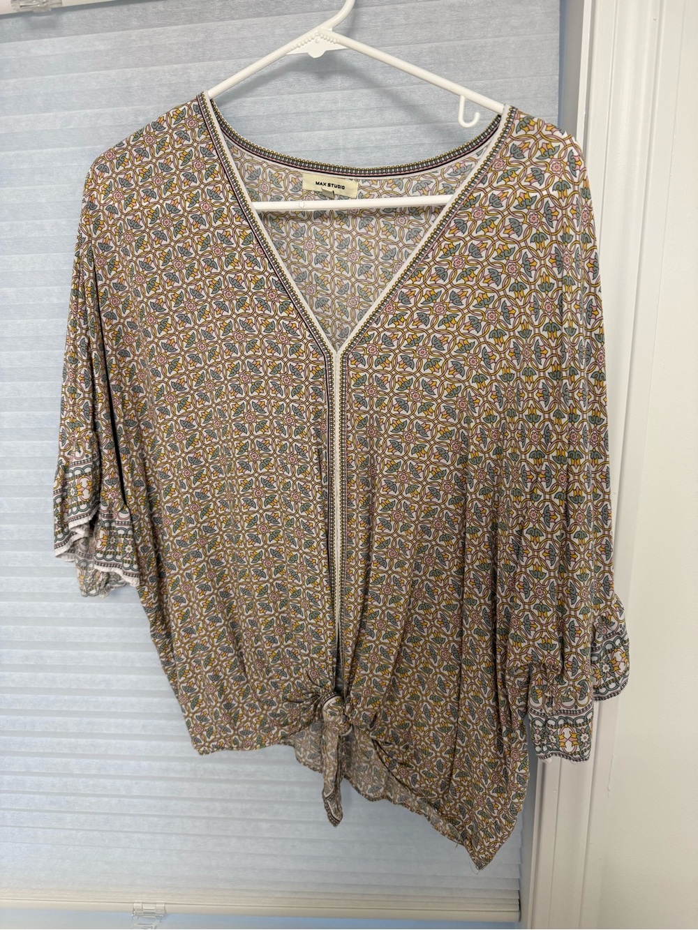 Maeve Patterned Tie-Front V-Neck Tunic — Brown Multicolor